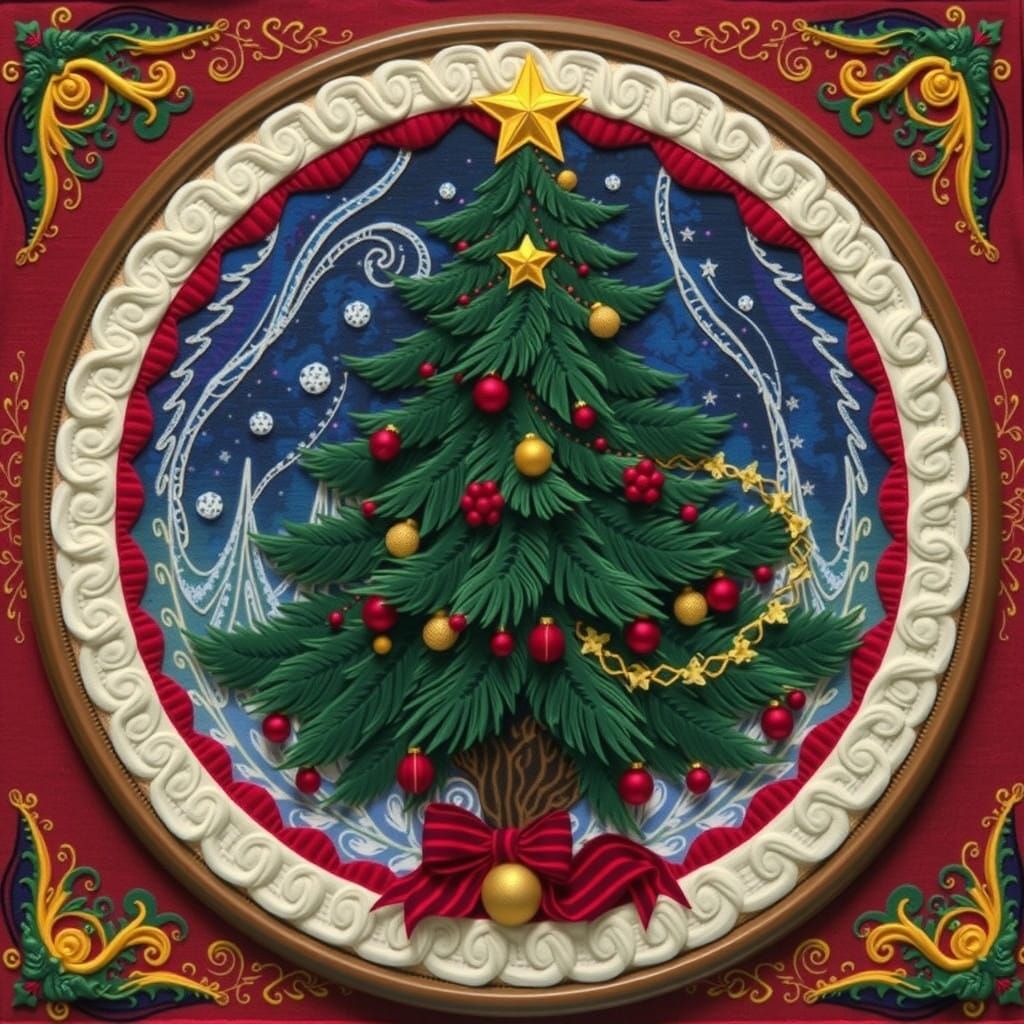 Vibrant Christmas Fir Tree Needlepoint Art in Cyberpunk Neon...