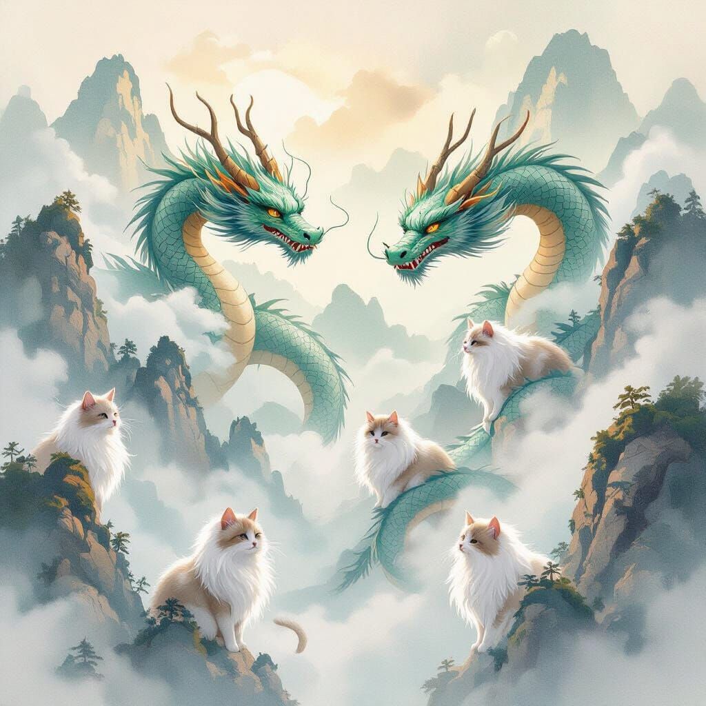 Aqua Chinese Dragons & Cats in Misty Mountains