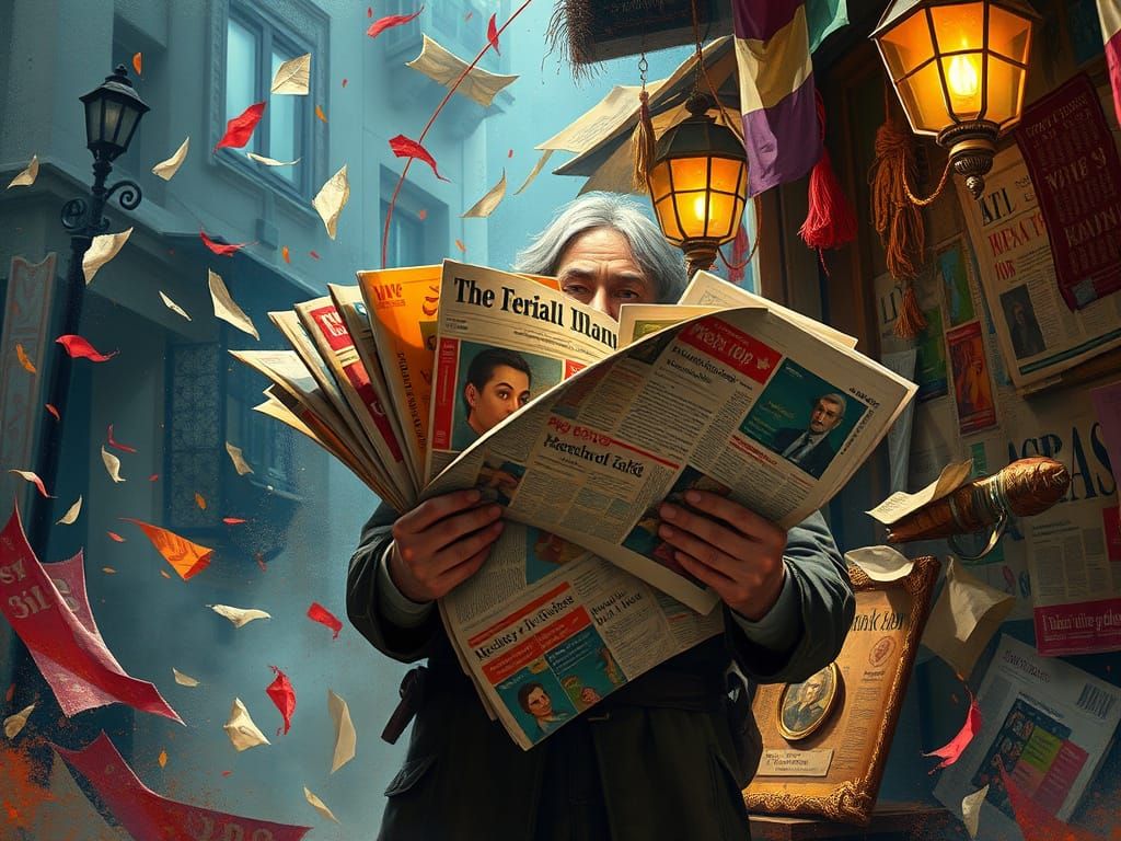 Vibrant Newspaper Seller in Whirling Newsprint Dreamscape