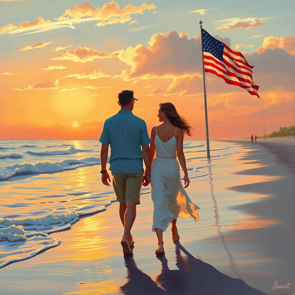 Couple on Beach at Sunset in Rockwell Style