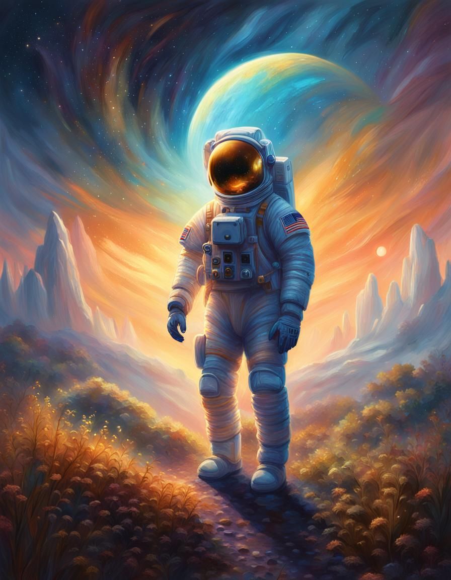 Astronaut on Distant Planet in Magical Realism Style