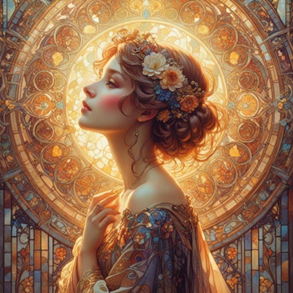 Whimsical Art Nouveau Portrait with Stained Glass and Floral...