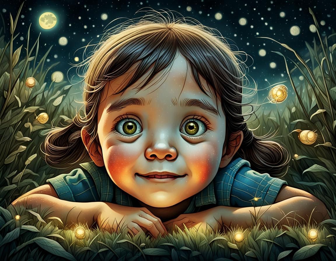 Child and Fireflies: Hyperrealistic Storybook Illustration