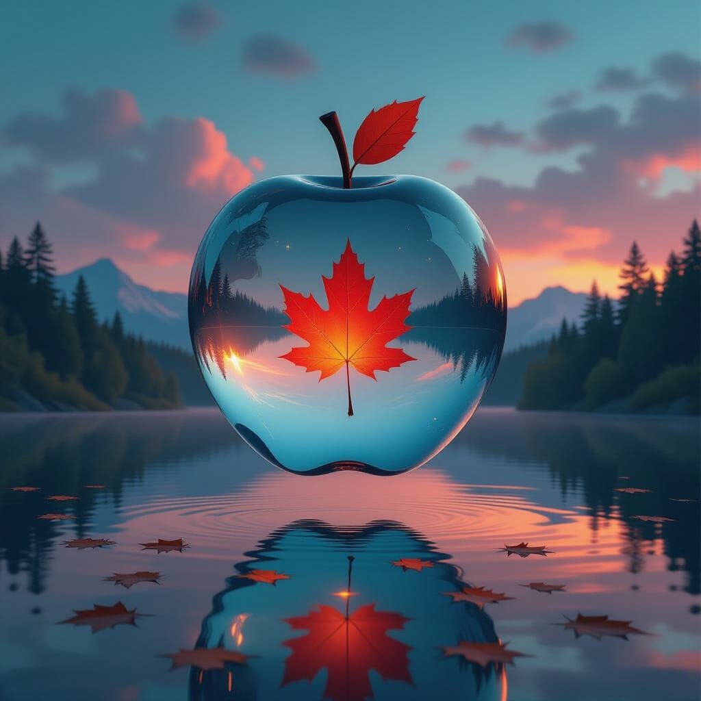 Translucent Apple Orb over Lake: Digital Art
