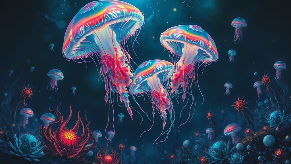 Bioluminescent Jellyfish in Alien Ocean: Graffiti Art