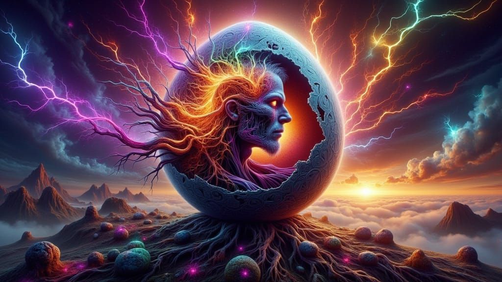 Hatching Figure on Floating Island in Biomechanical Style