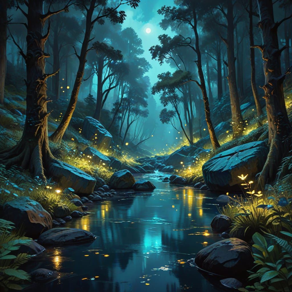 Bioluminescent Hot Spring in Ancient Forest: Gouache Paintin...