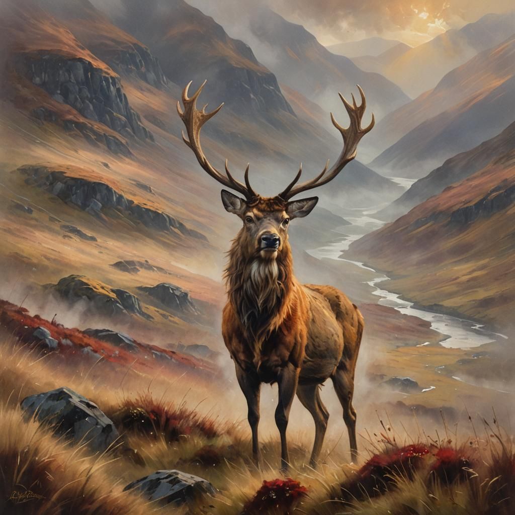 Red Deer Stag in Misty Highlands, Impressionist Style