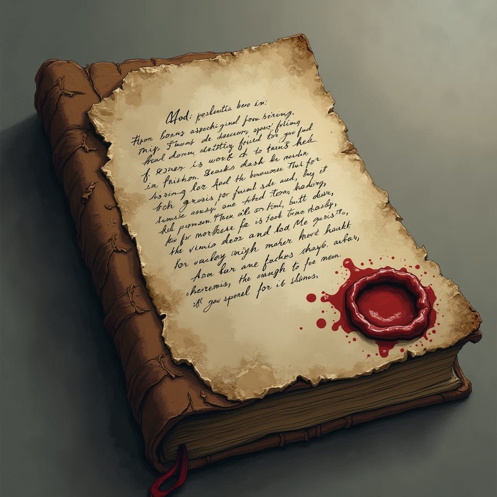 Historical Book with Red Wax Seal, Somber Mood