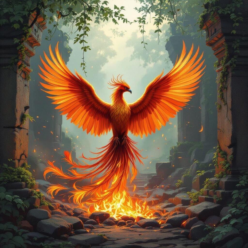 Majestic Phoenix Rises From Embers in Ancient Ruins