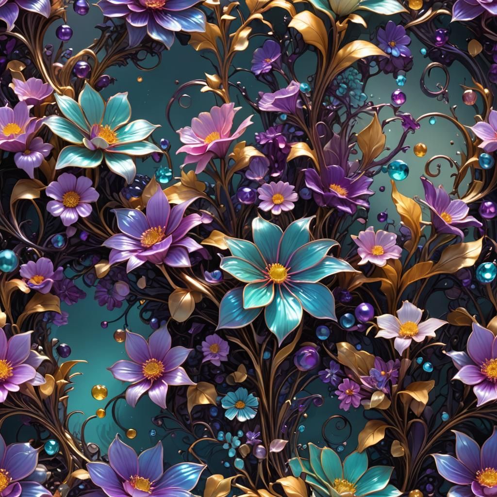 Mystic Ocean Shore with Iridescent Filigree Glass Flowers