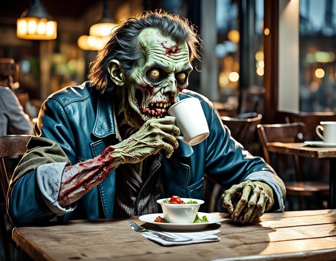 Funny Italian Zombie Drinks Coffee at Diner