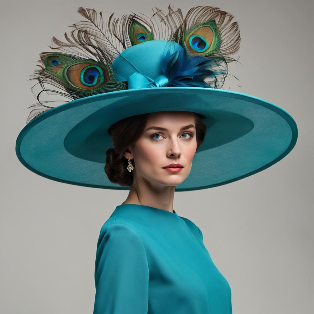 English-style turquoise women's hat with a wide brim, turquoise tulle ribbon tied around the crown, and peacock feathers...
