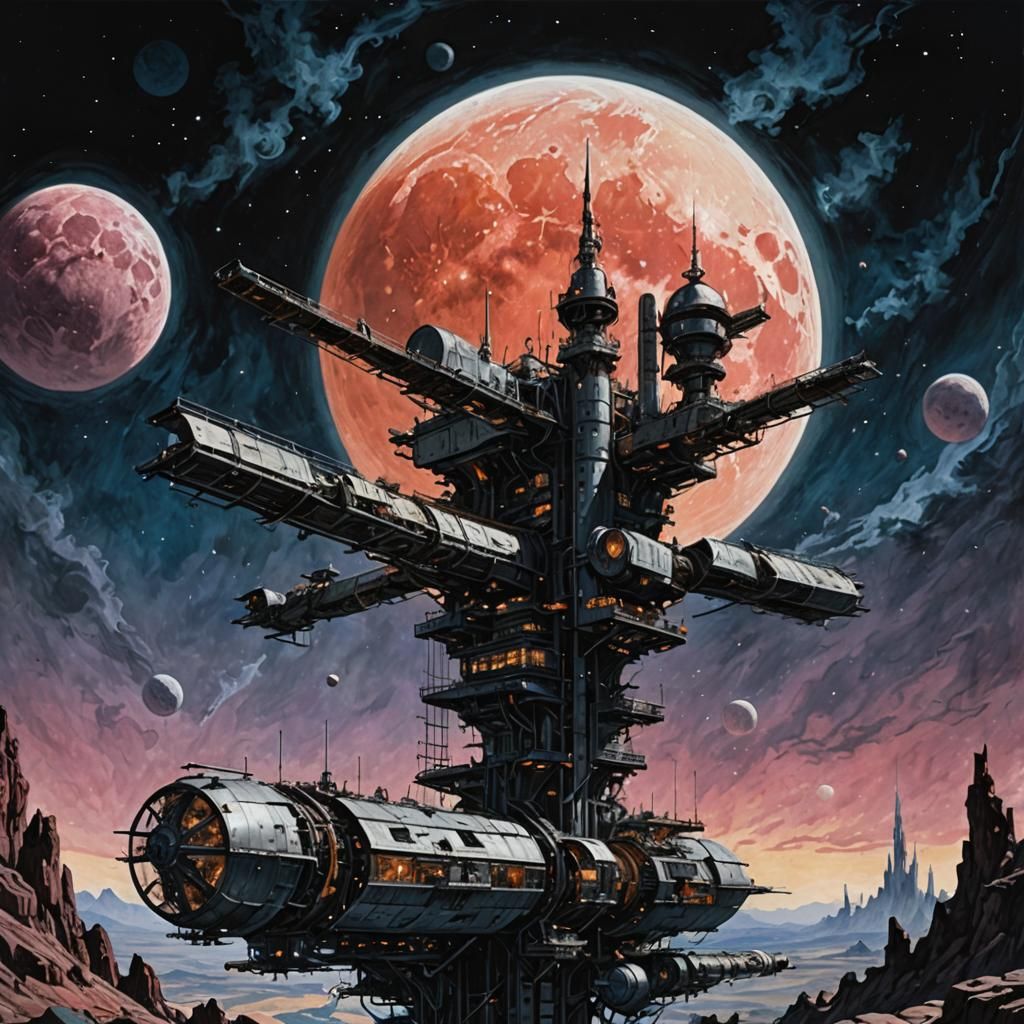 Sci-Fi Space Station Orbiting Rosy Moon