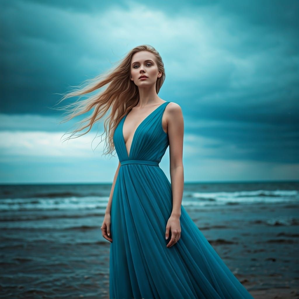 Blonde Woman in Blue Gown, Surreal Dreamscape