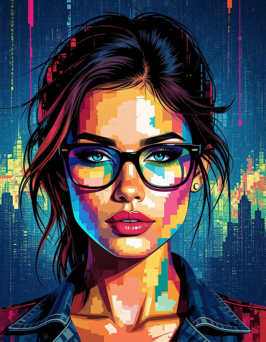 Glitch Art Portrait of Geek Woman in Digital Landscape