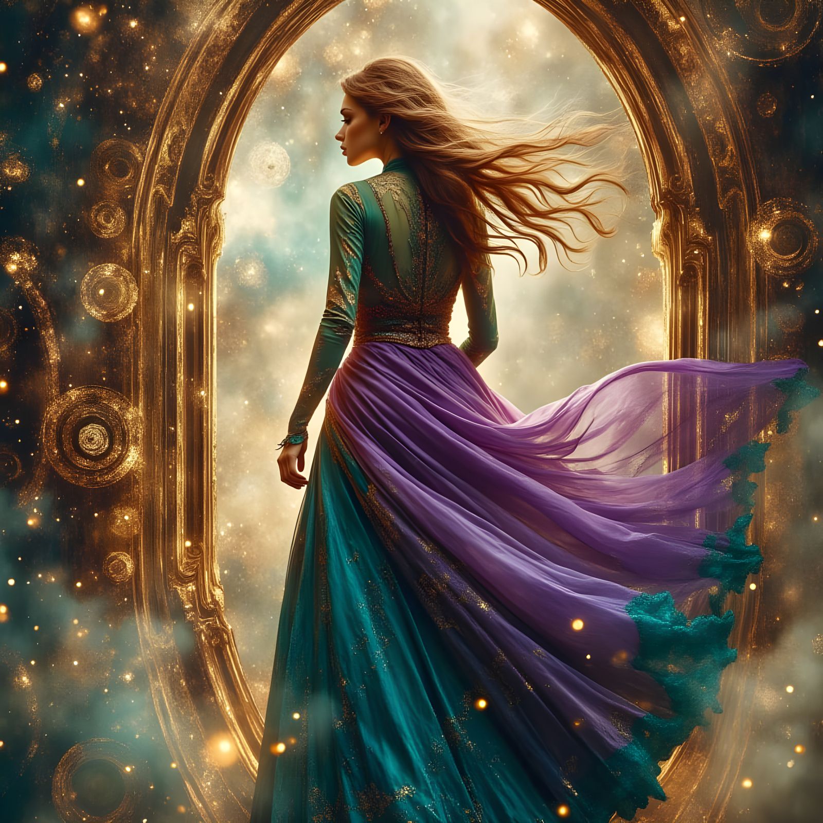 Steampunk Woman in Ornate Gown Steps Into Infinity