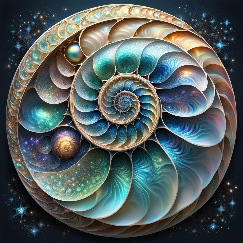 Opalescent Nautilus Shell with Sacred Geometry