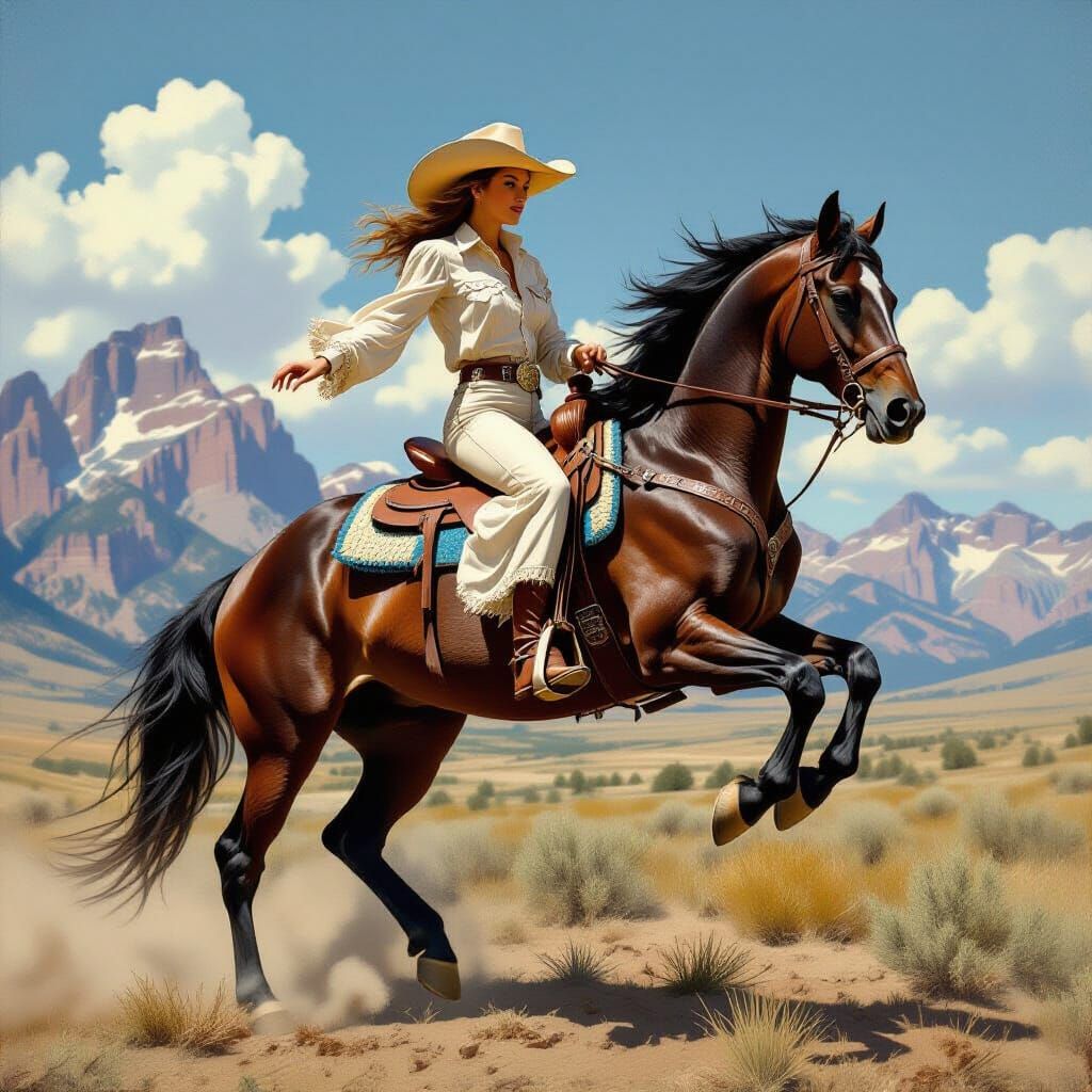 Cowgirl on Black Stallion in Western Landscape