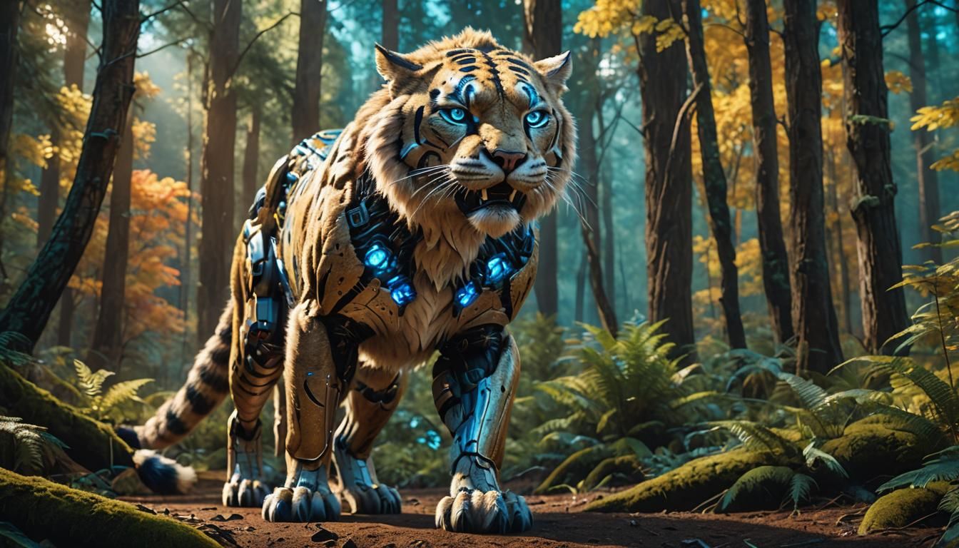 Robot Sabertooth Cat in Ancient Forest