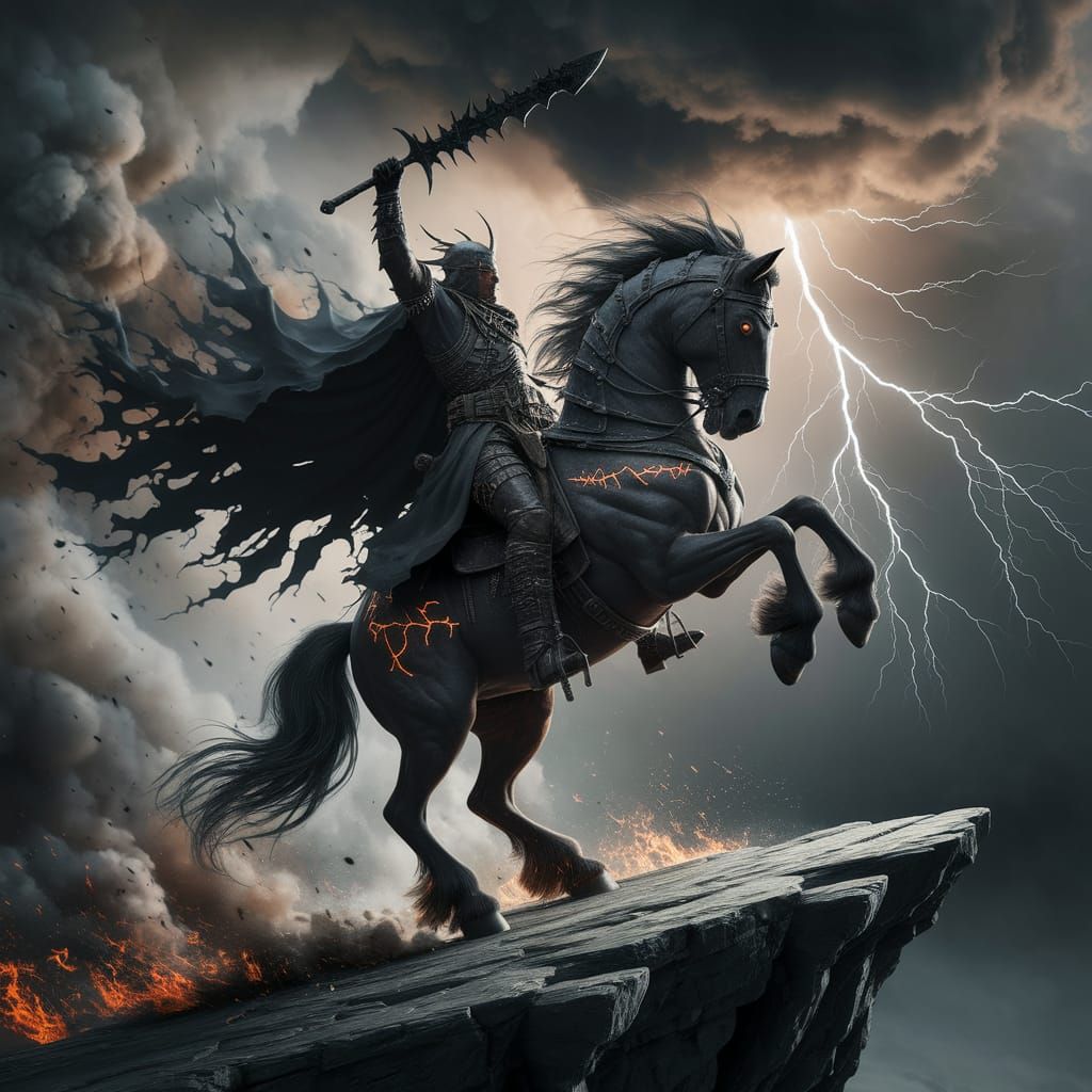 Dark Rider with Fiery Horse on Cliff Edge