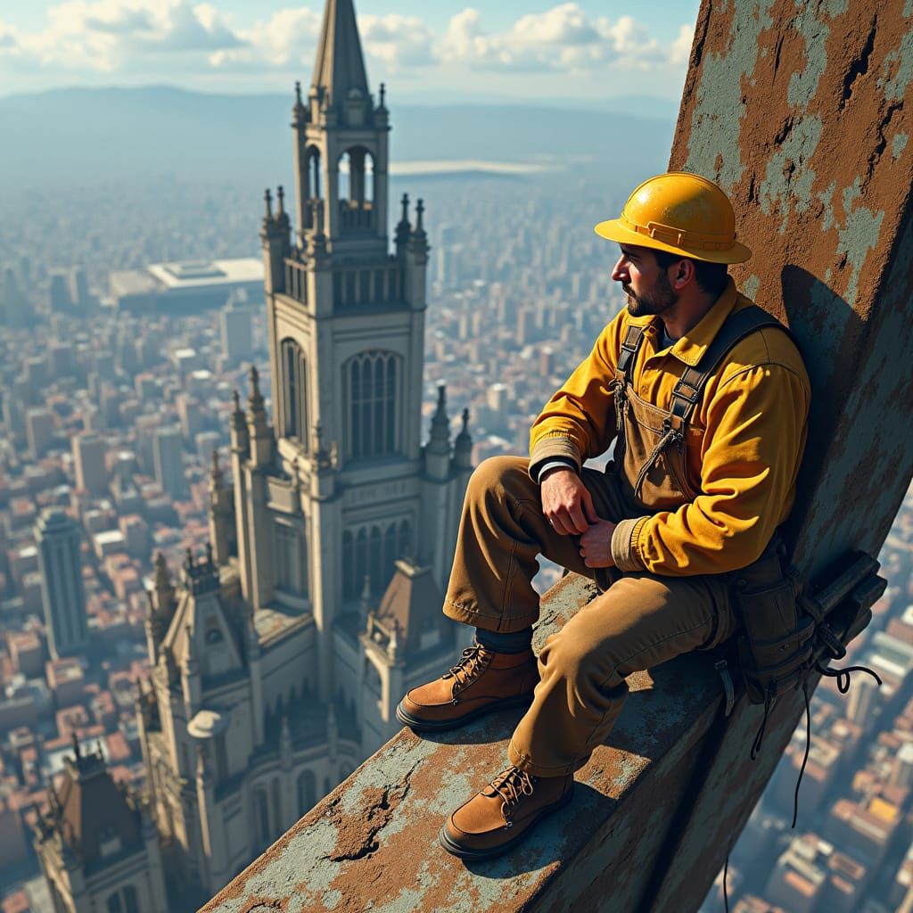 Construction Workers Building Gothic Skyscraper on Steel Bea...