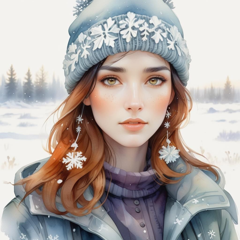 Beautiful Black Haired Girl in Winter Wonderland, Alberta, C...