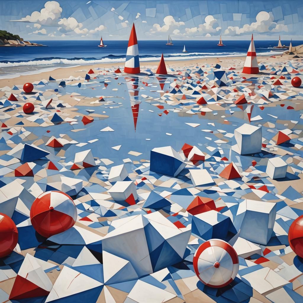 Cubist Beach with Geometric Shapes and Vibrant Colors