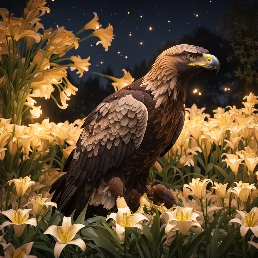 Golden Eagle in Lily Garden at Night