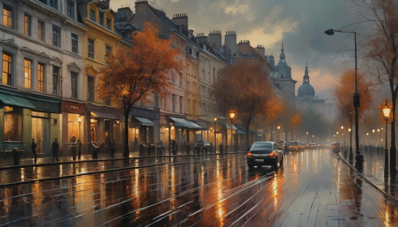 Rainy Sunset in Warsaw as Oil Painting