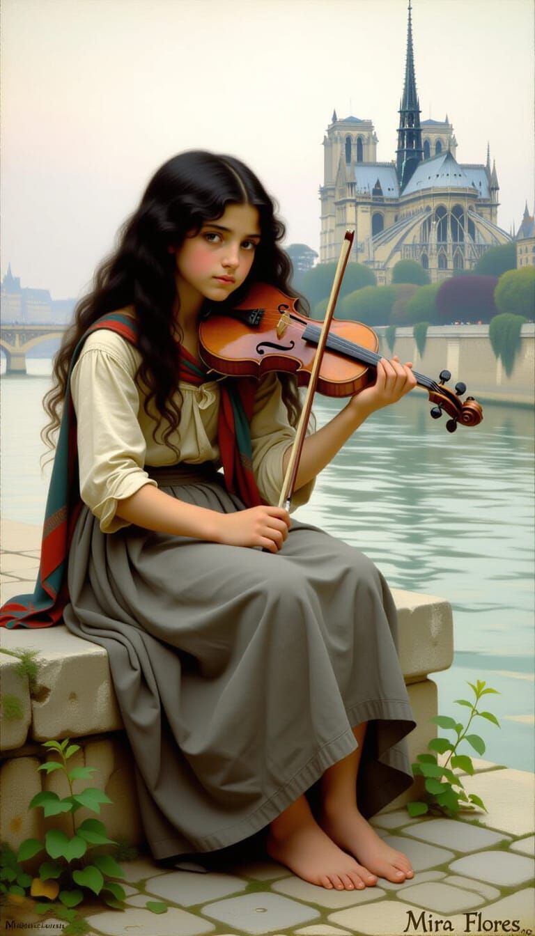 Gypsy Girl with Violin by Seine River