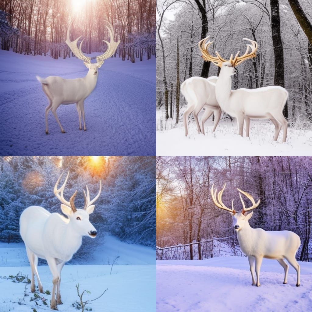 Majestic White Deer with Golden Horns in Snowy Forest