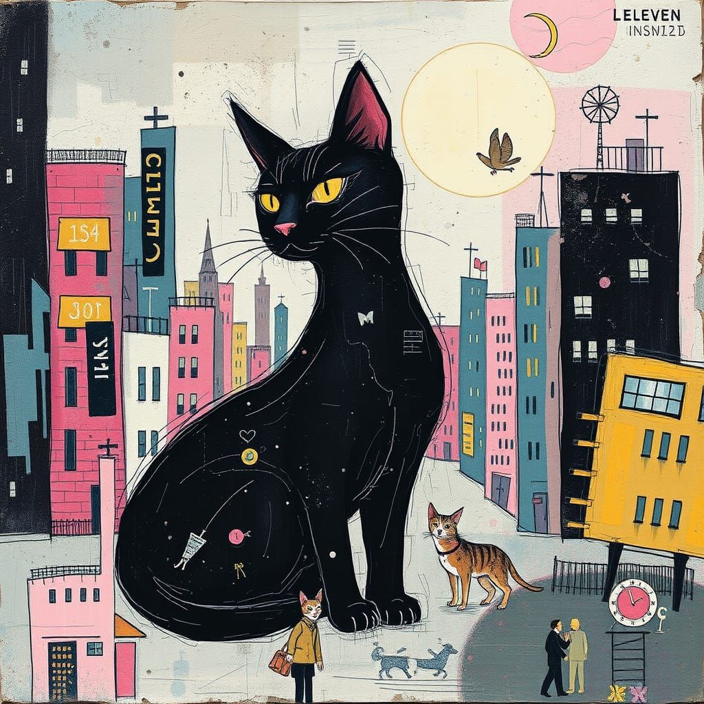 Surreal Black Cat in Distressed Pastel Cityscape