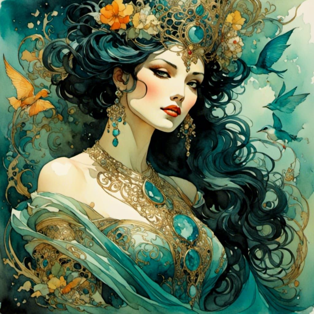 Exotic Empress in Romantic Watercolor Style