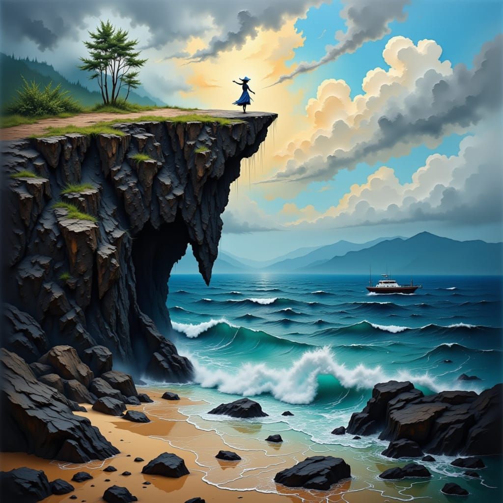 Dramatic Beach Cliff in Water-Ink Style