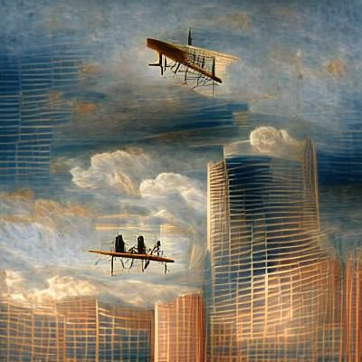 Wright Brothers Fly Over Urban Skyline