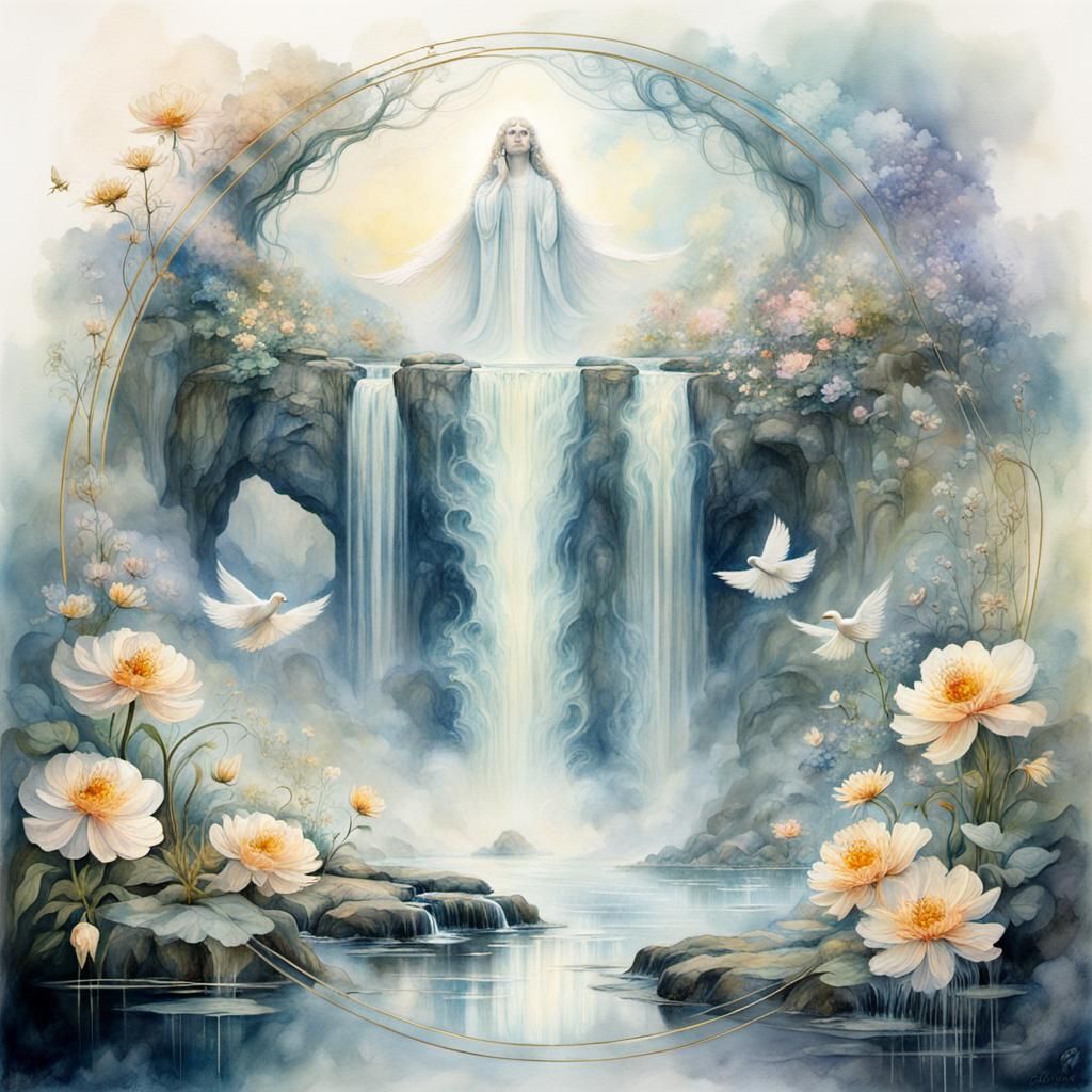 Angel at Stony Waterfall in Art Nouveau Style