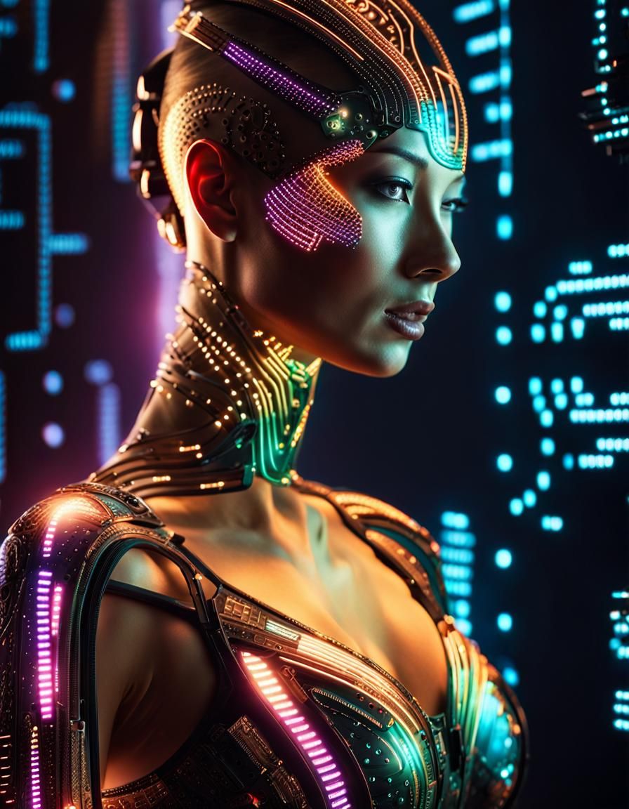 Electronic Internet Visualization with Neon Cyborg Avatar