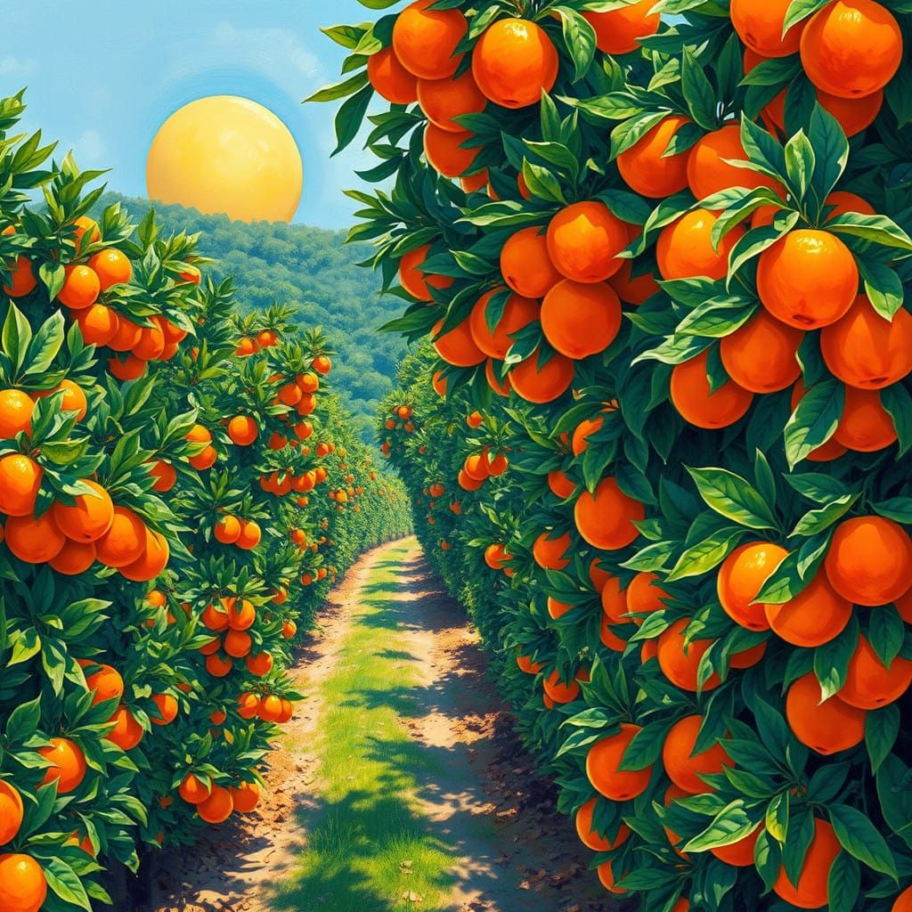Vibrant Orange Grove in Expressive, Impasto Style