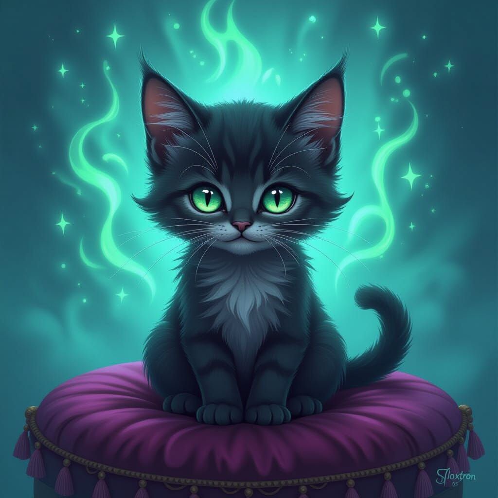 Mystical Shadowkitten with Green Eyes in Dreamy Style