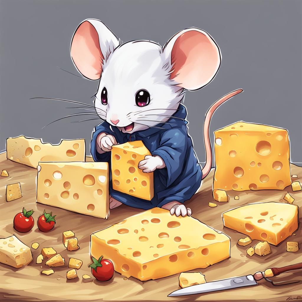 Gaming Mouse Eating Cheese in Anime Style