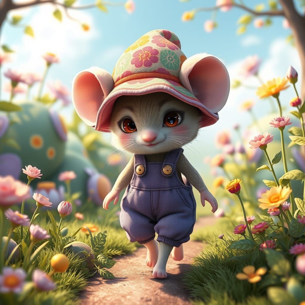 Cute Mouse in Garden, Fantasy Illustration