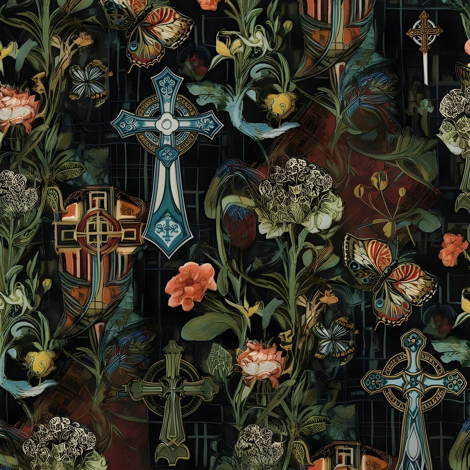 Inspiring Clergy Tartan Fabric with Celtic Crosses and Butte...