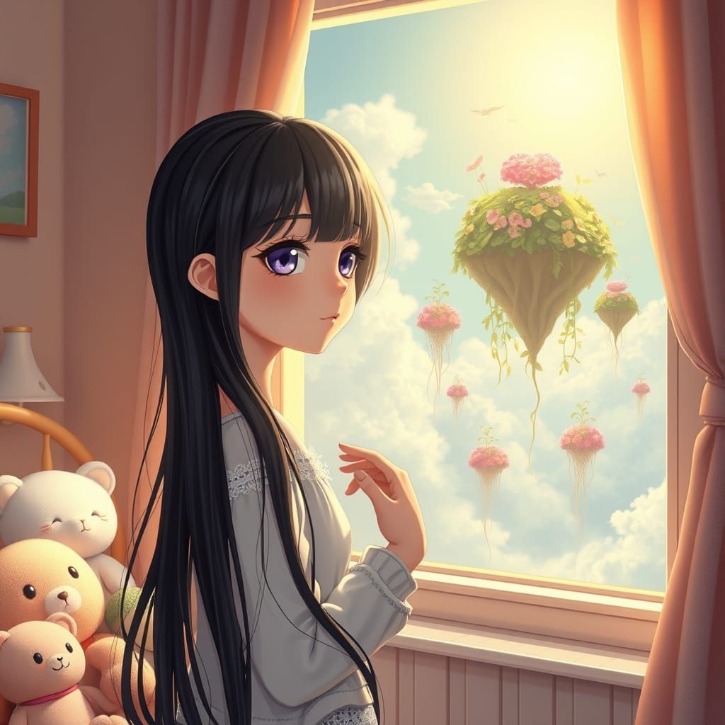 Dreamy Violet Eyed Girl in Whimsical Landscape