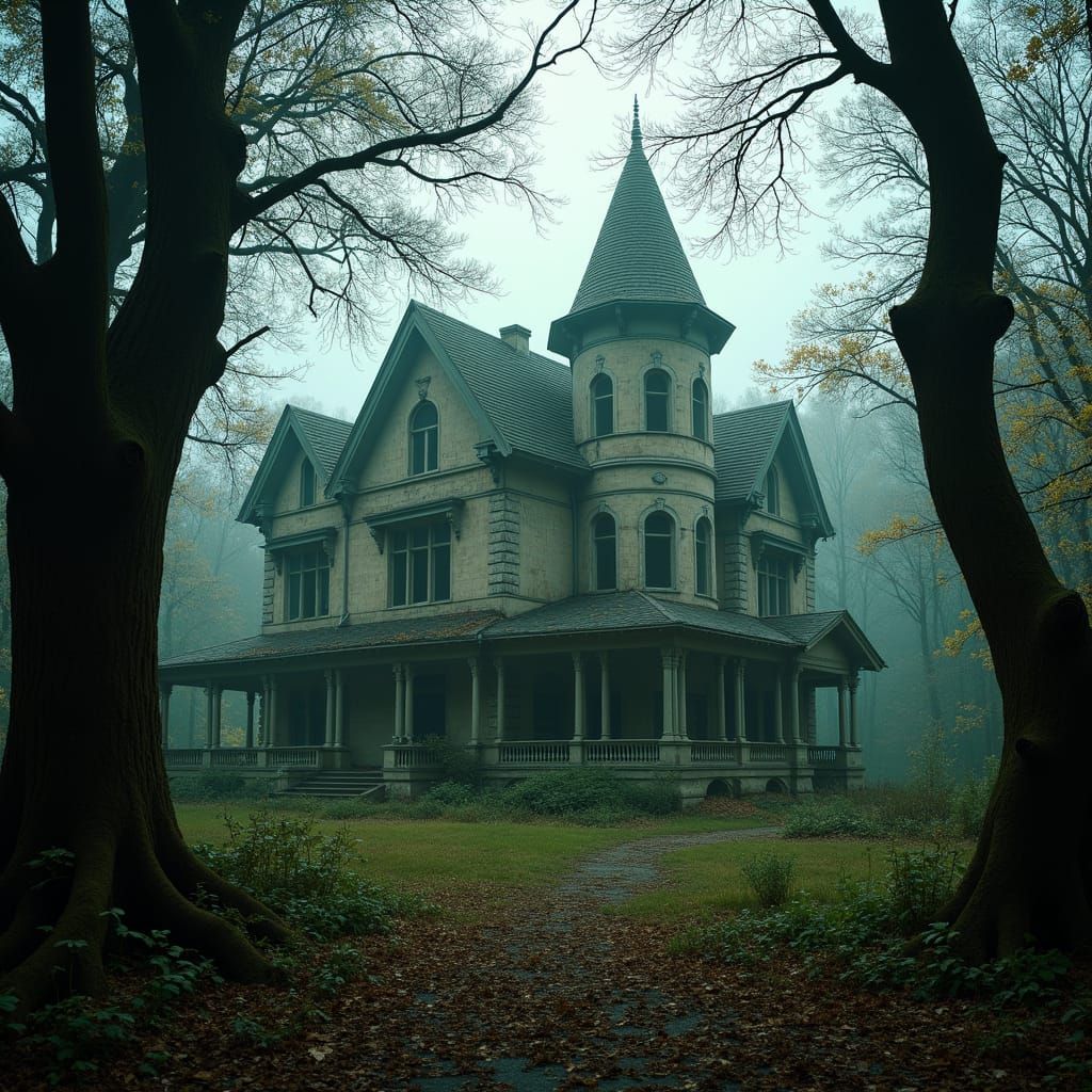Eerie Decaying Mansion in Primeval Forest