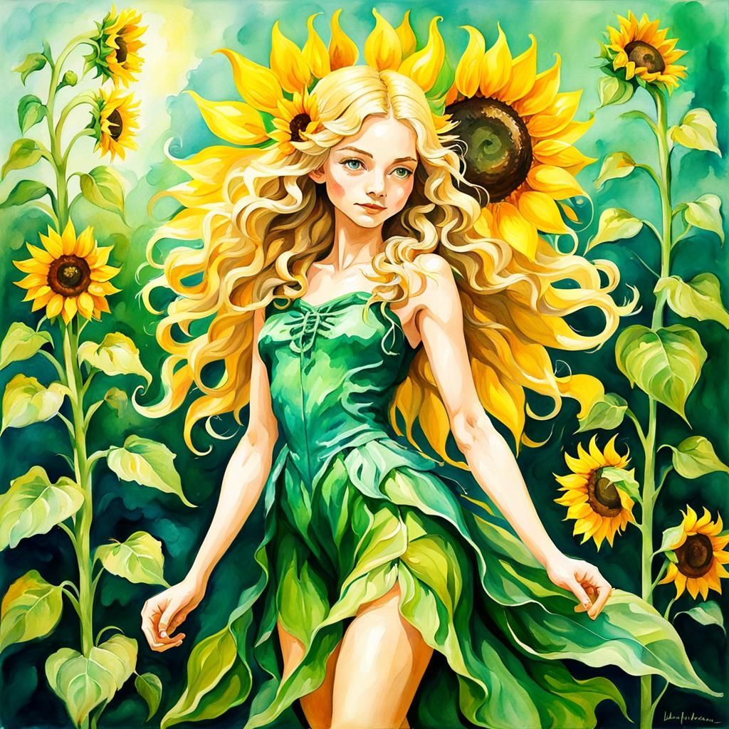 Blonde Fairy with Sunflower Wings in Oil and Watercolor
