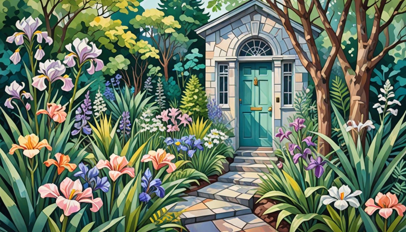 Neo-Cubist Garden Painting with Irises and Daisies