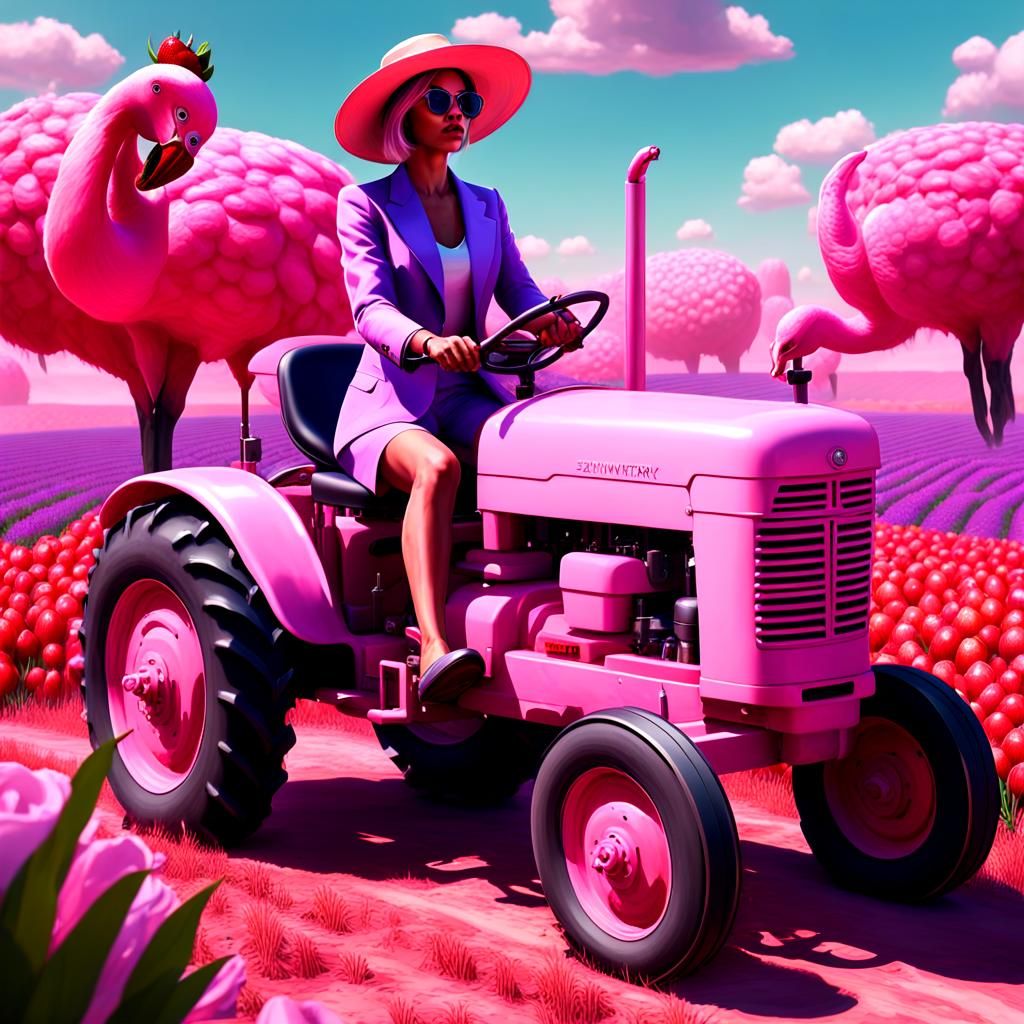 Glamorous Woman Drives Pink Tractor: 3D Digital Art
