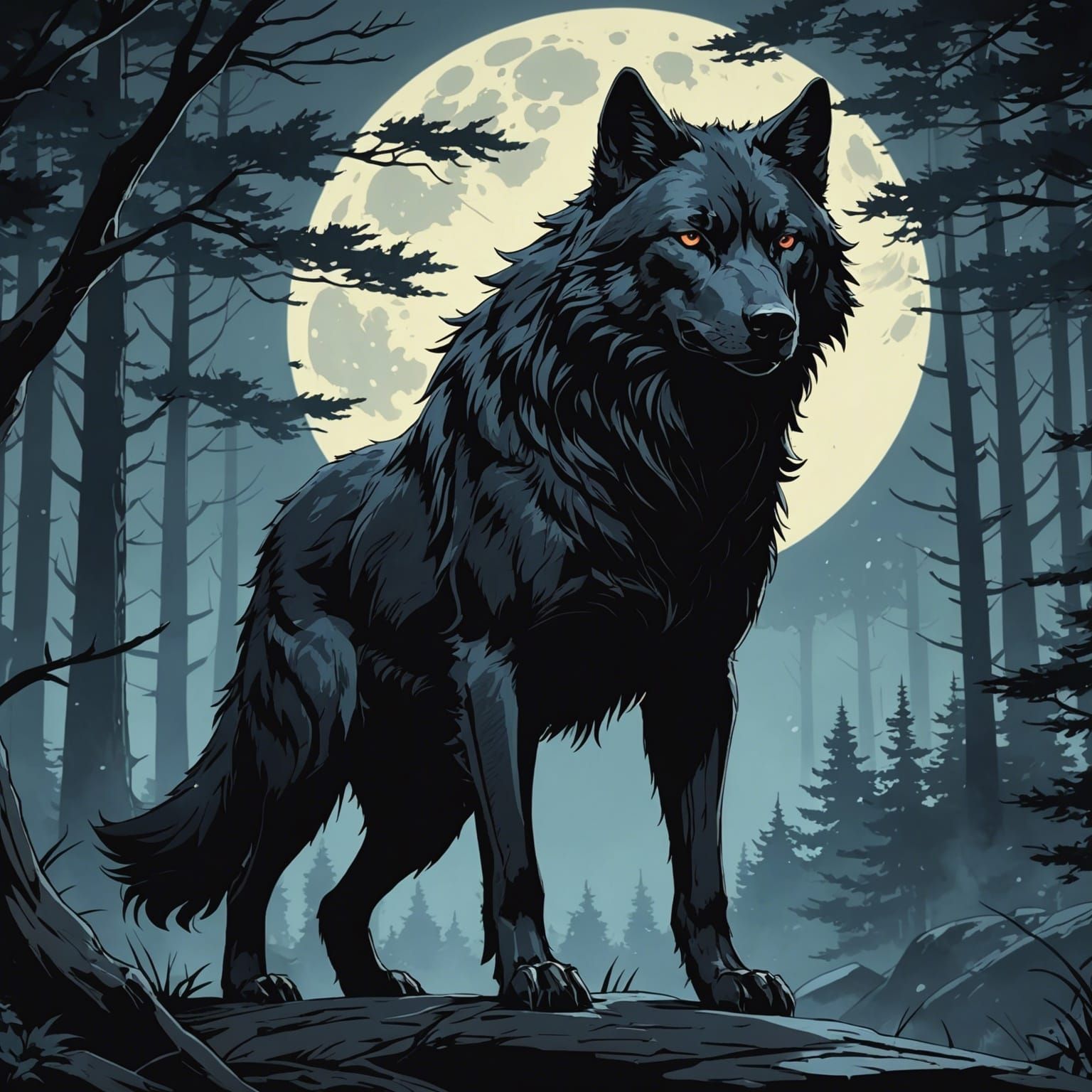 Black Wolf Anime Style Cel-Shaded Art