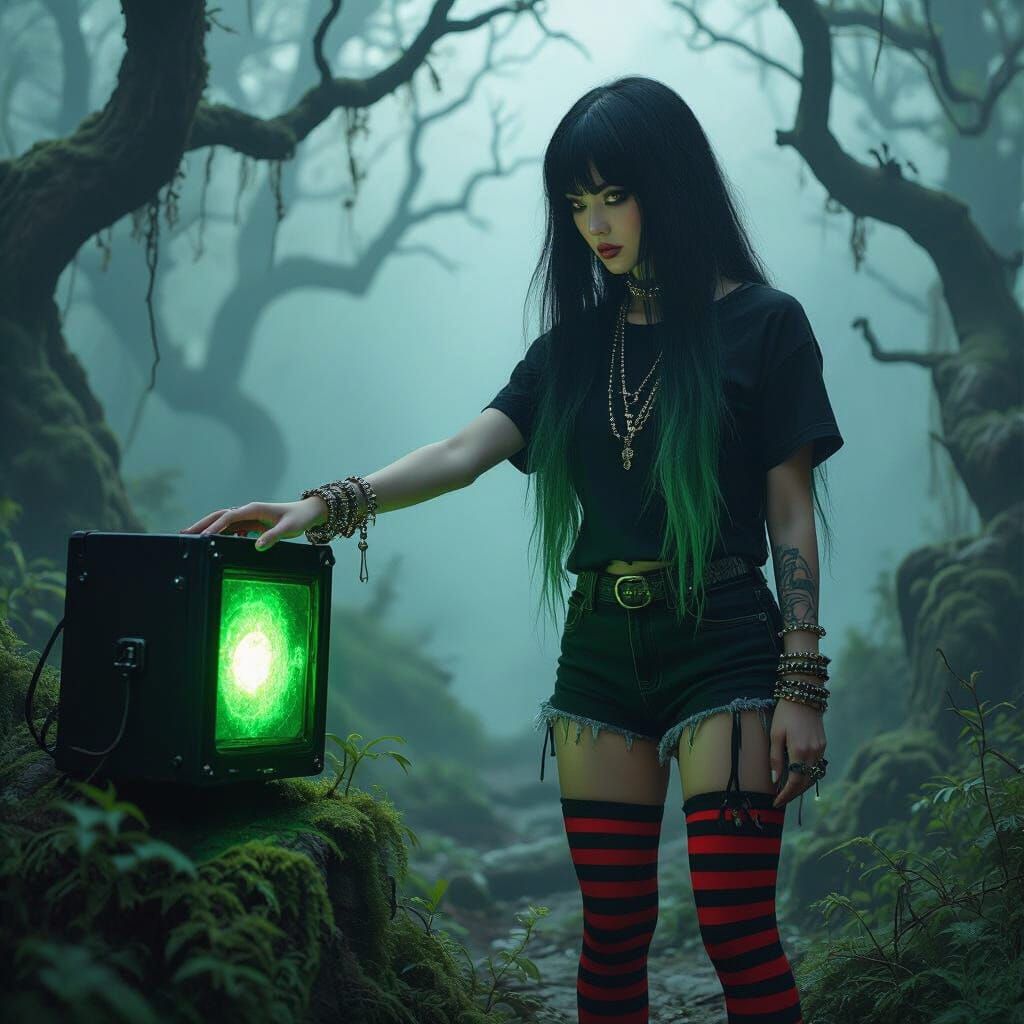 Gothic Woman in Misty Forest with Glowing Box